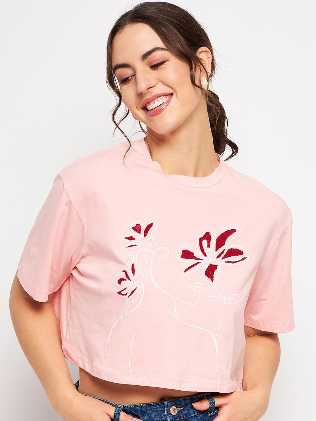 

CAMLA Floral Printed Cotton Crop T-shirt, Pink