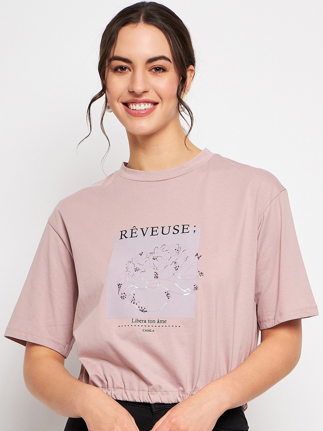 

CAMLA Typography Printed Cotton Crop T-shirt, Mauve