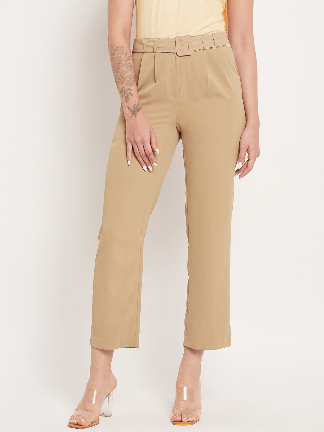 

CAMLA Straight Fit Mid Rise Pleated Trouser, Beige