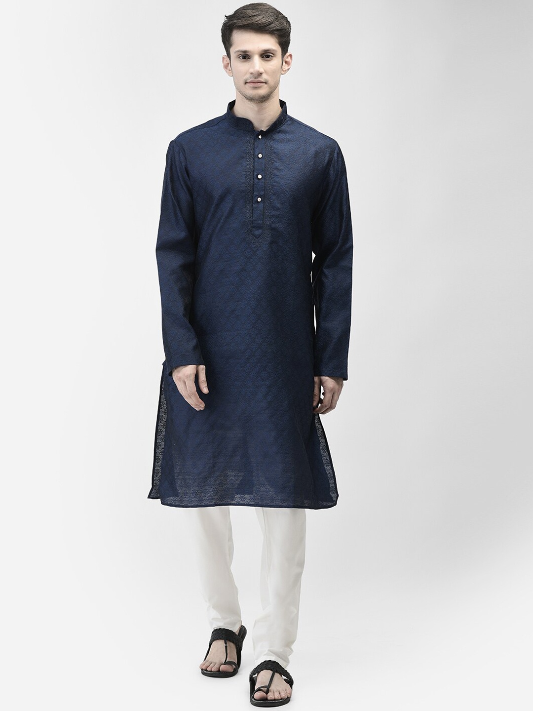 

SG LEMAN Woven Design Mandarin Collar Thread Work Raw Silk Kurta with Pyjamas, Navy blue