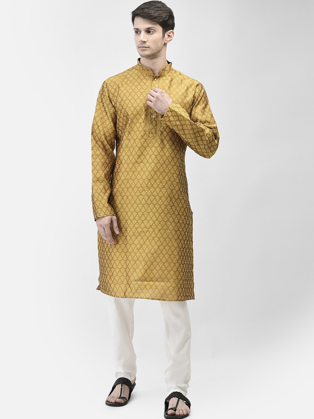 

SG LEMAN Woven Design Mandarin Collar Thread Work Raw Silk Kurta with Pyjamas, Yellow