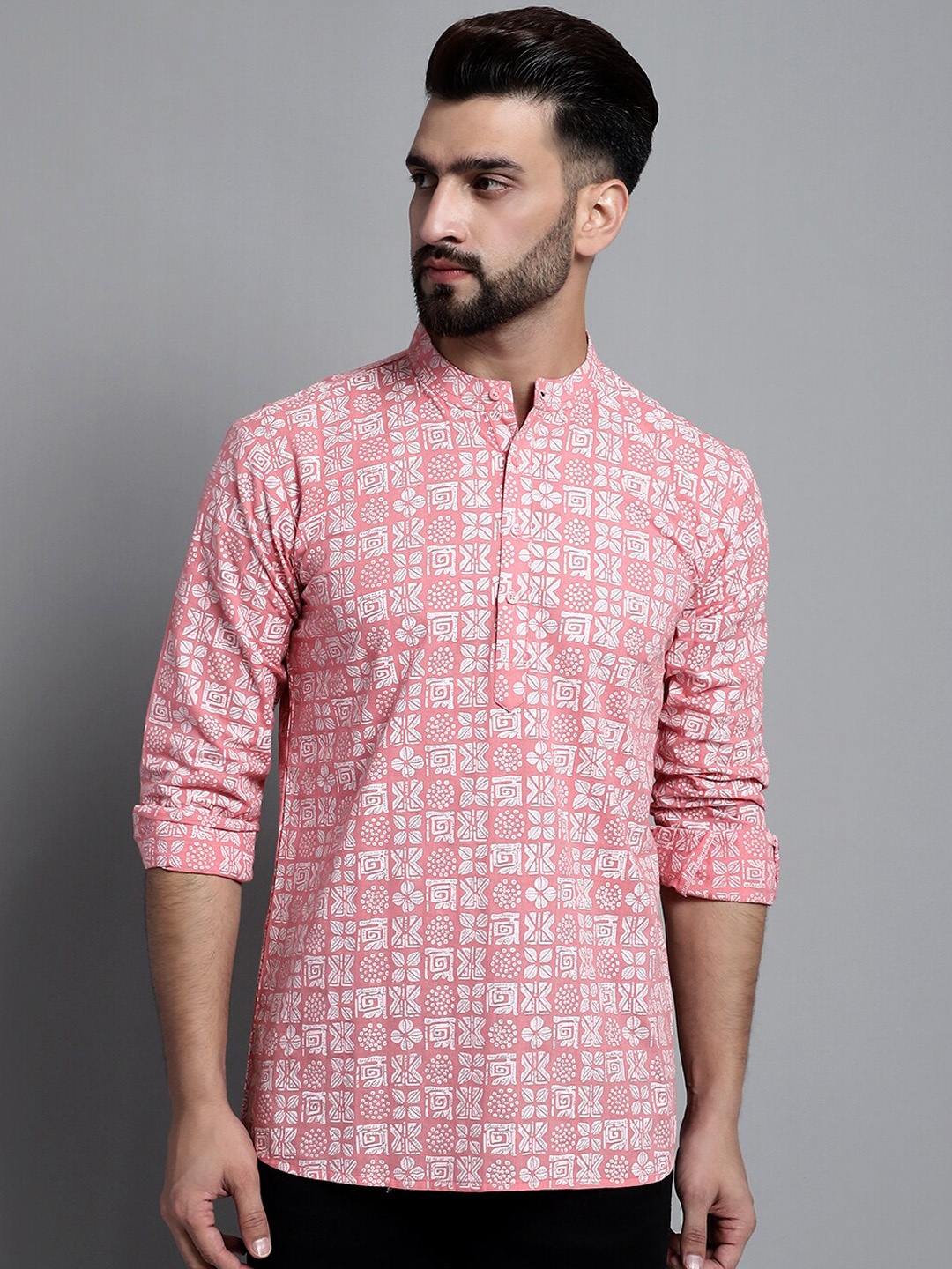 

Anouk Pink Ethnic Motifs Printed Band Collar Cotton Short Kurta