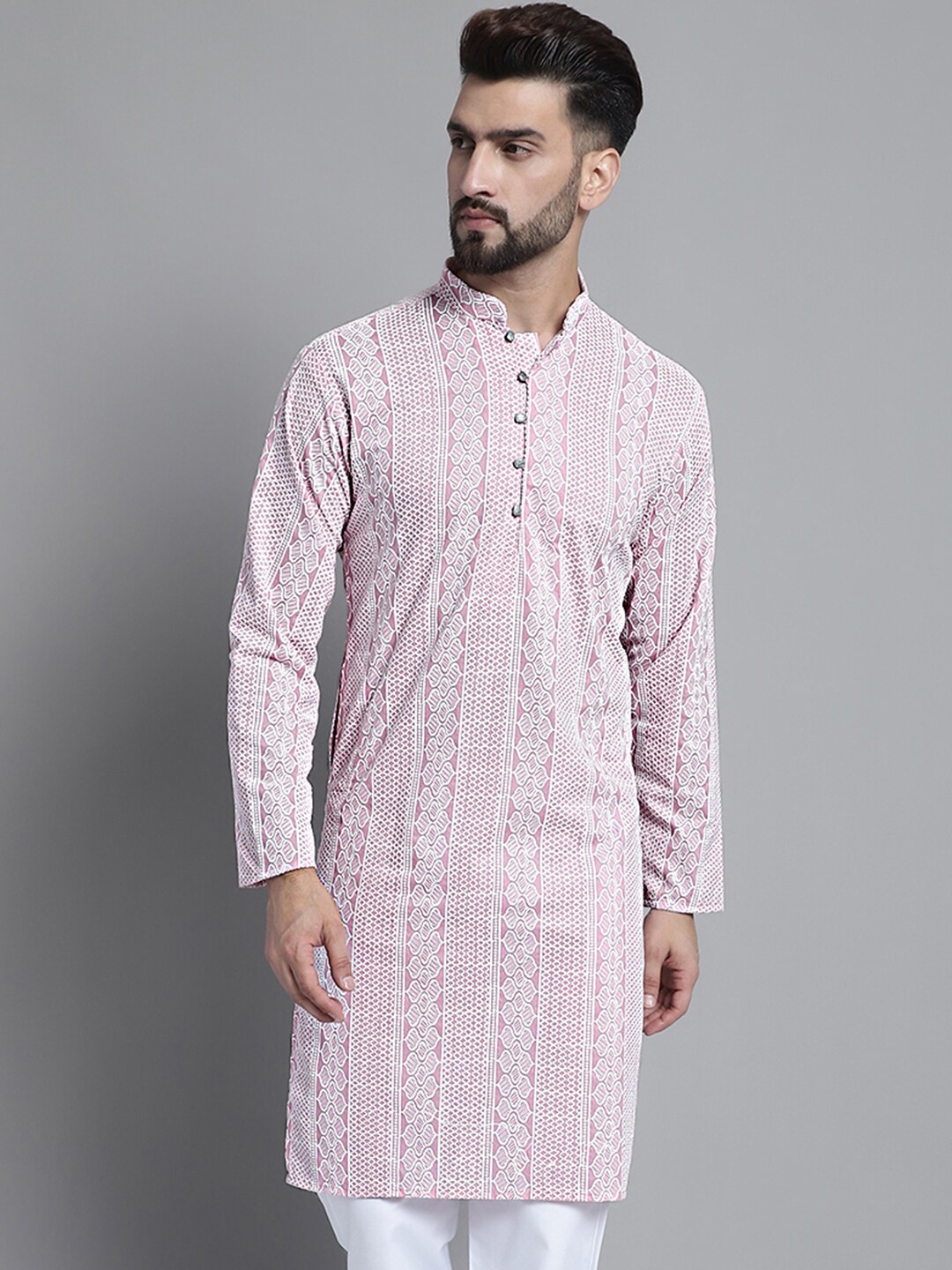 

Anouk Pink Embroidered Band Collar Cotton Straight Kurta