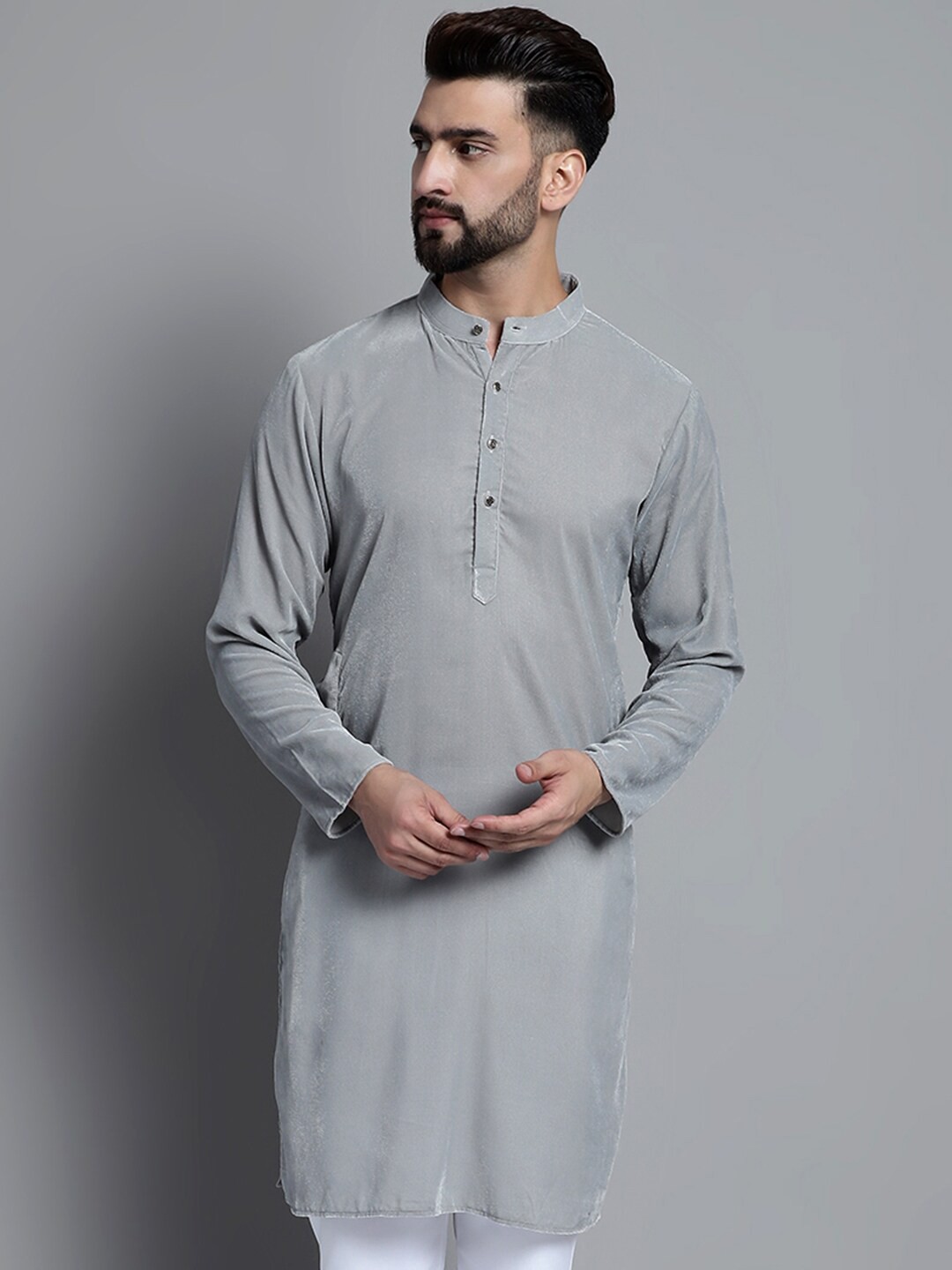 

Anouk Men Grey Chikankari Velvet Kurta