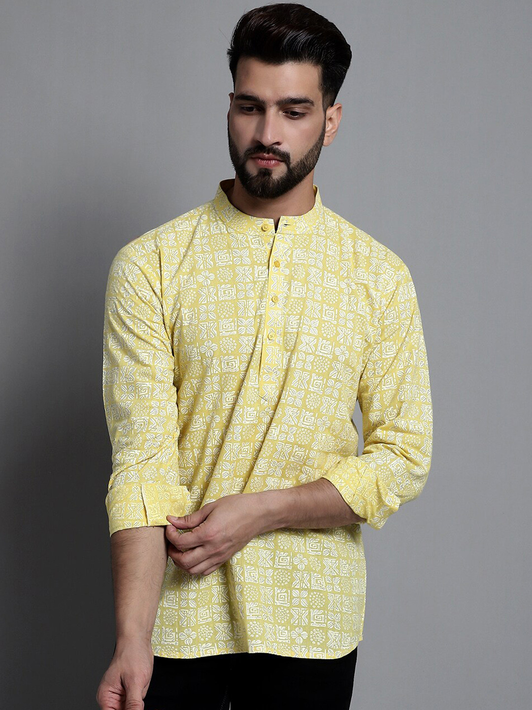 

Anouk Yellow Ethnic Motif Printed Straight Pure Cotton Kurta