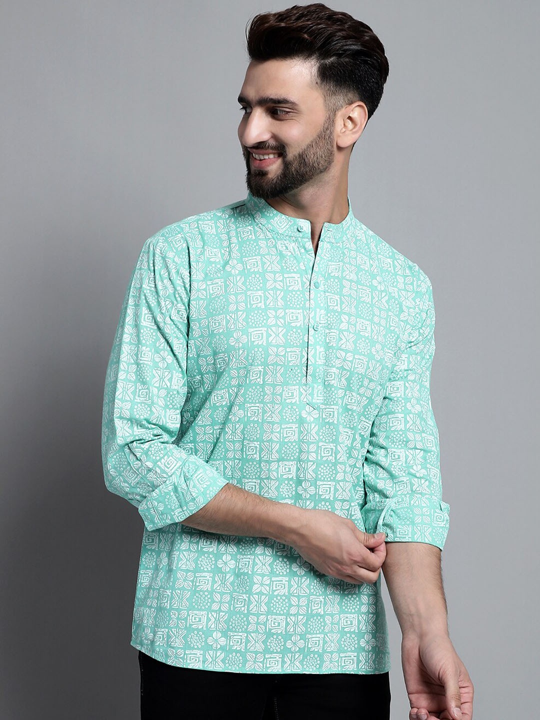 

Anouk Mint Green Ethnic Motifs Printed Band Collar Cotton Short Kurta
