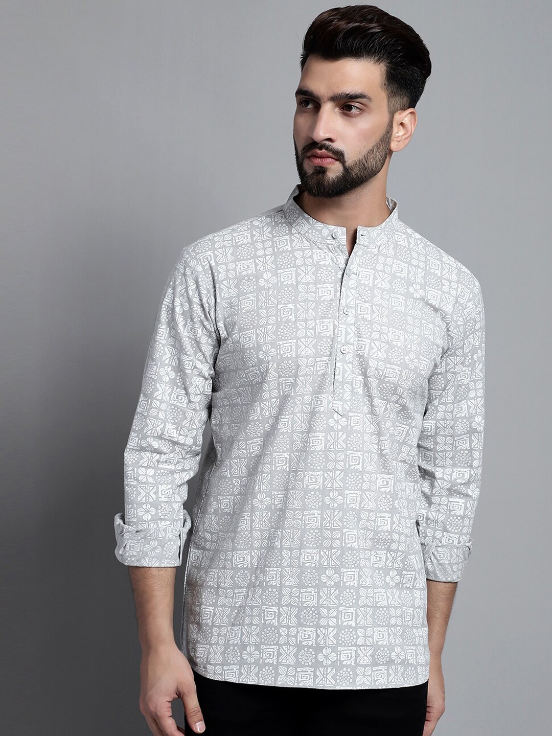 

Anouk Grey Ethnic Motifs Printed Band Collar Cotton Short Kurta