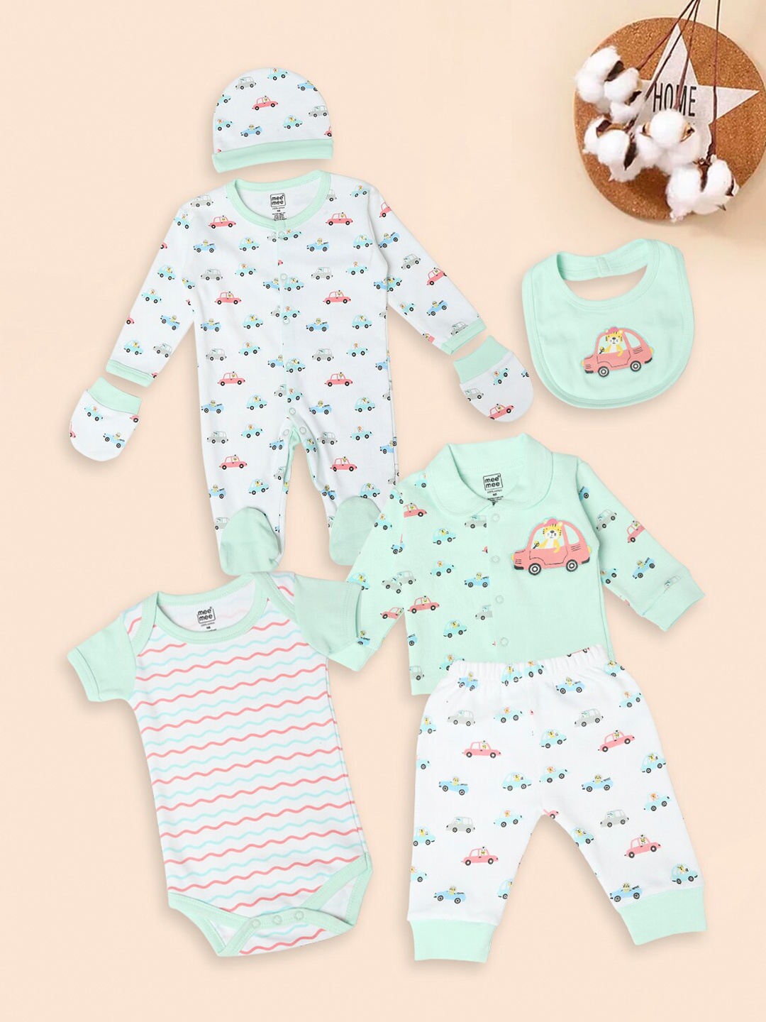 

MeeMee Infants Printed Set Of 7 Baby Apparel Gift Set, Green