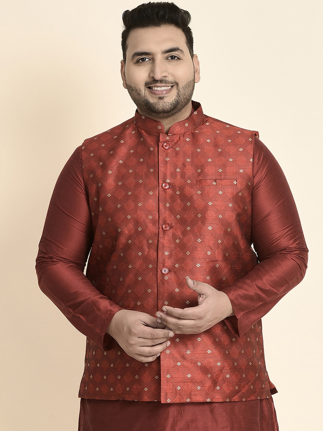 

Sztori Plus Size Woven Design Nehru Jacket, Maroon