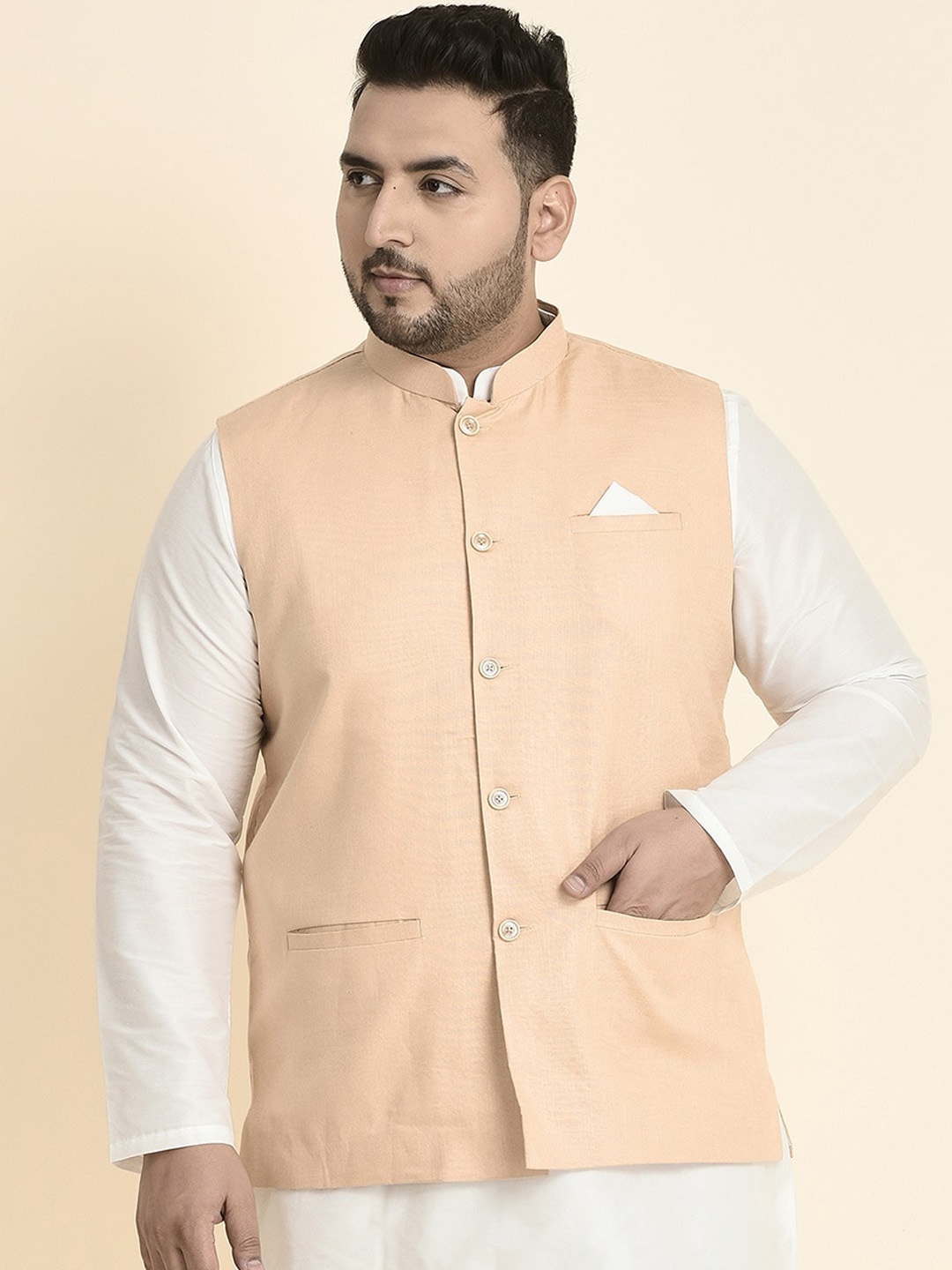 

Sztori Plus Size Woven Nehru Jacket, Cream