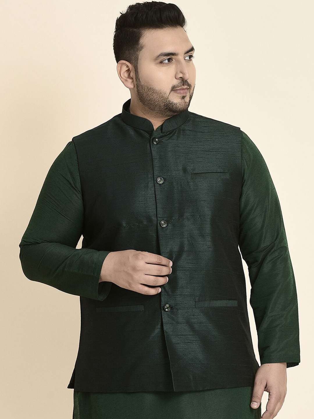 

Sztori Plus Size Woven Nehru Jackets, Green