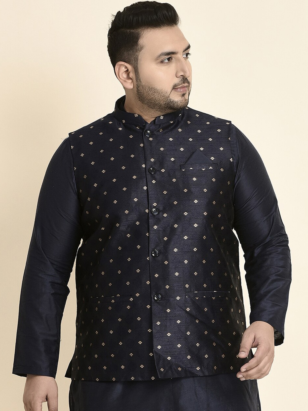 

Sztori Plus Size Woven Design Nehru Jacket, Navy blue