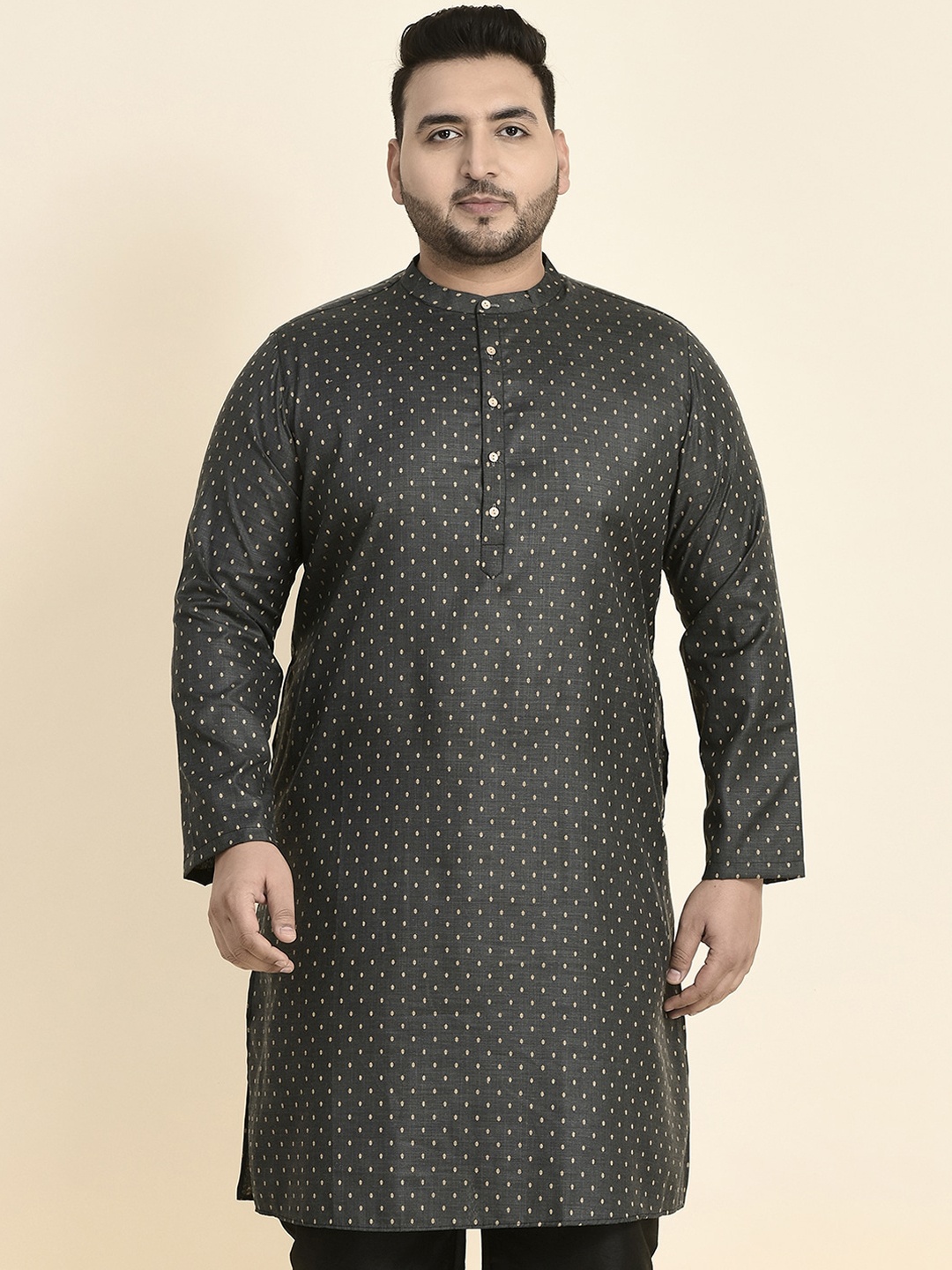 

Sztori Geometric Printed Band Collar Kurta, Grey