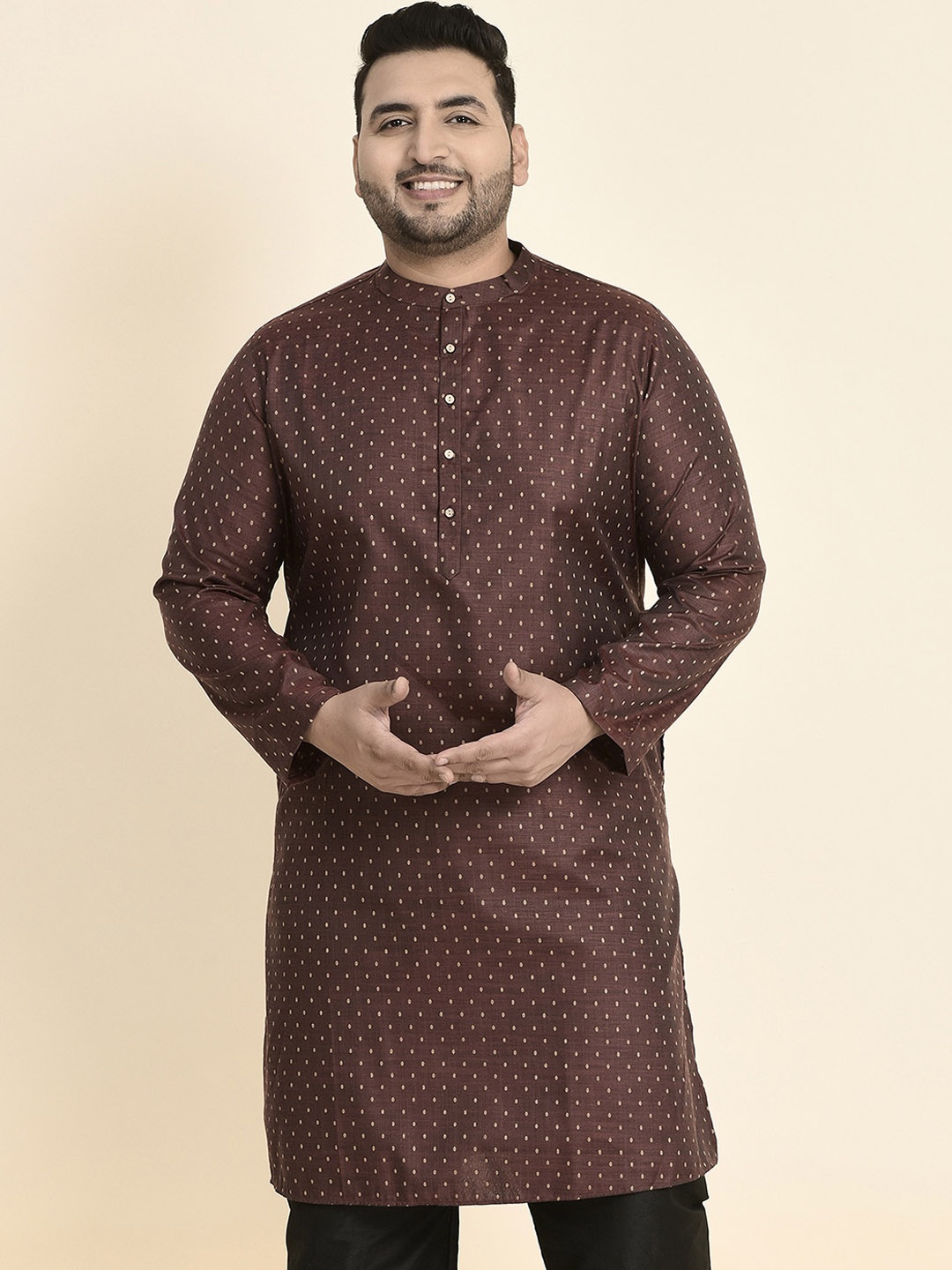 

Sztori Plus Size Woven Design Mandarin Collar Jacquard Straight Kurta, Brown