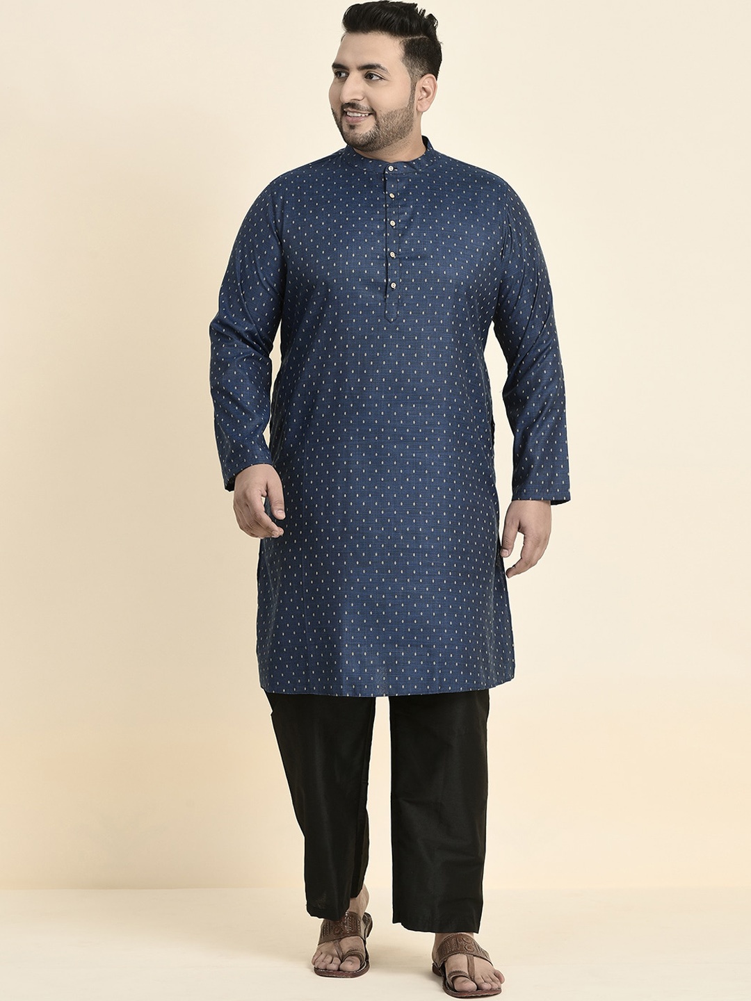 

Sztori Plus Size Woven Design Mandarin Collar Jacquard Straight Kurta, Blue