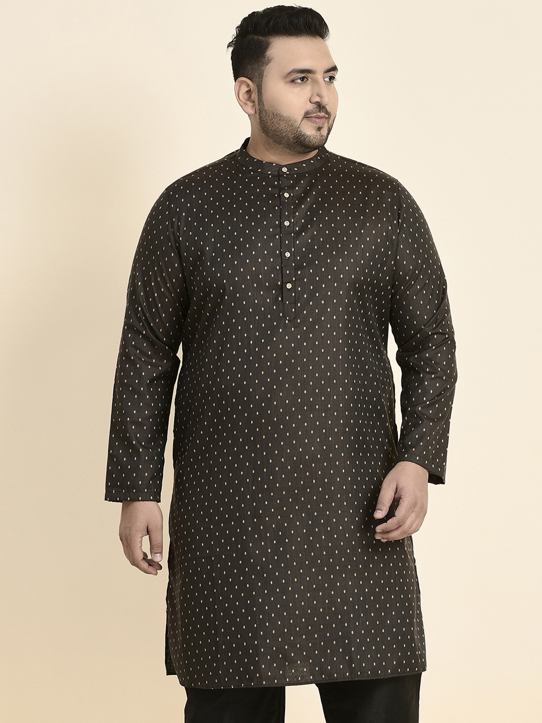 

Sztori Plus Size Woven Design Mandarin Collar Jacquard Straight Kurta, Black