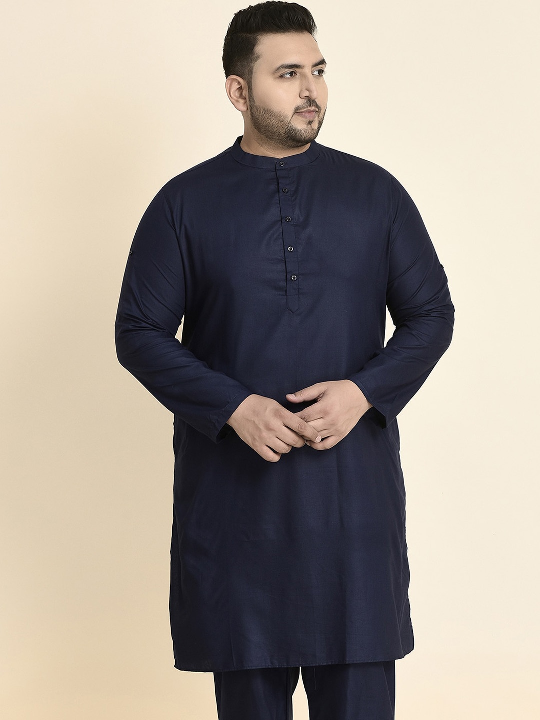 

Sztori Plus Size Mandarin Collar Straight Cotton Kurta, Navy blue