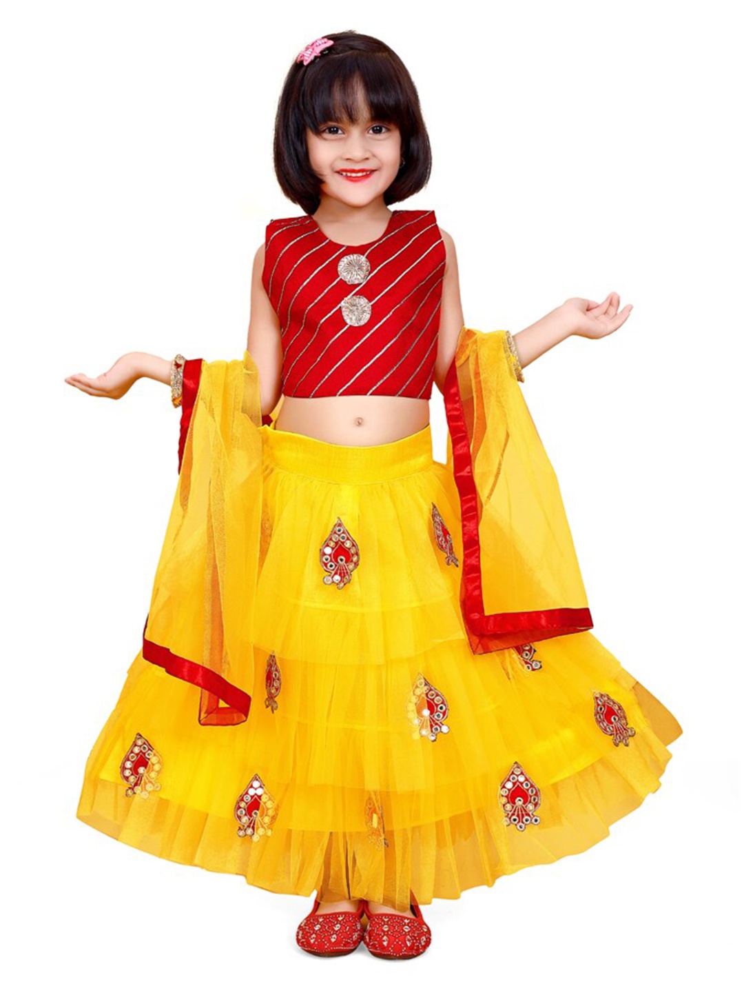 

BAESD Girls Embroidered Patchwork Ready to Wear Lehenga & Blouse With Dupatta, Yellow