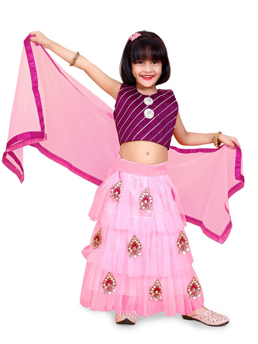 

BAESD Girls Embroidered Patchwork Ready to Wear Lehenga & Blouse With Dupatta, Pink
