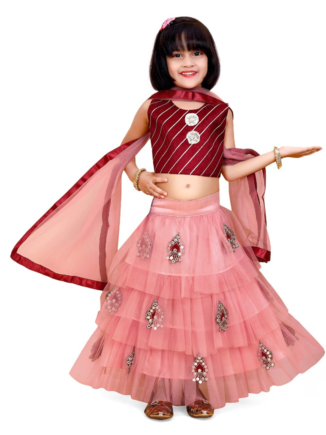 

BAESD Girls Embroidered Patchwork Ready to Wear Lehenga & Blouse With Dupatta, Peach