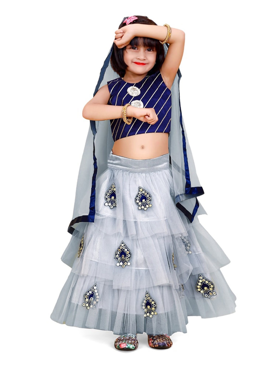 

BAESD Girls Grey & Blue Embroidered Patchwork Ready to Wear Lehenga & Blouse With Dupatta