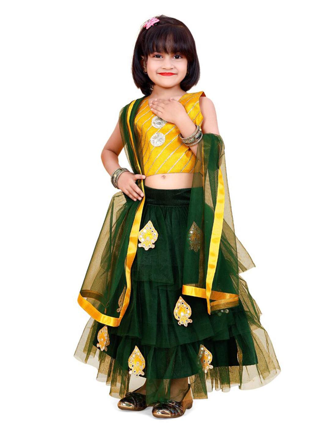 

BAESD Girls Embroidered Patchwork Ready to Wear Lehenga & Blouse With Dupatta, Green