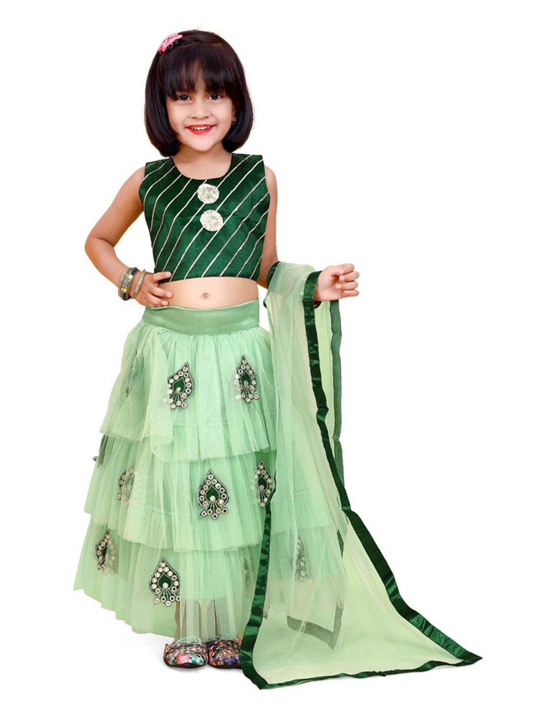 BAESD Girls Embroidered Patchwork Ready to Wear Lehenga & Blouse With Dupatta, Fluorescent green