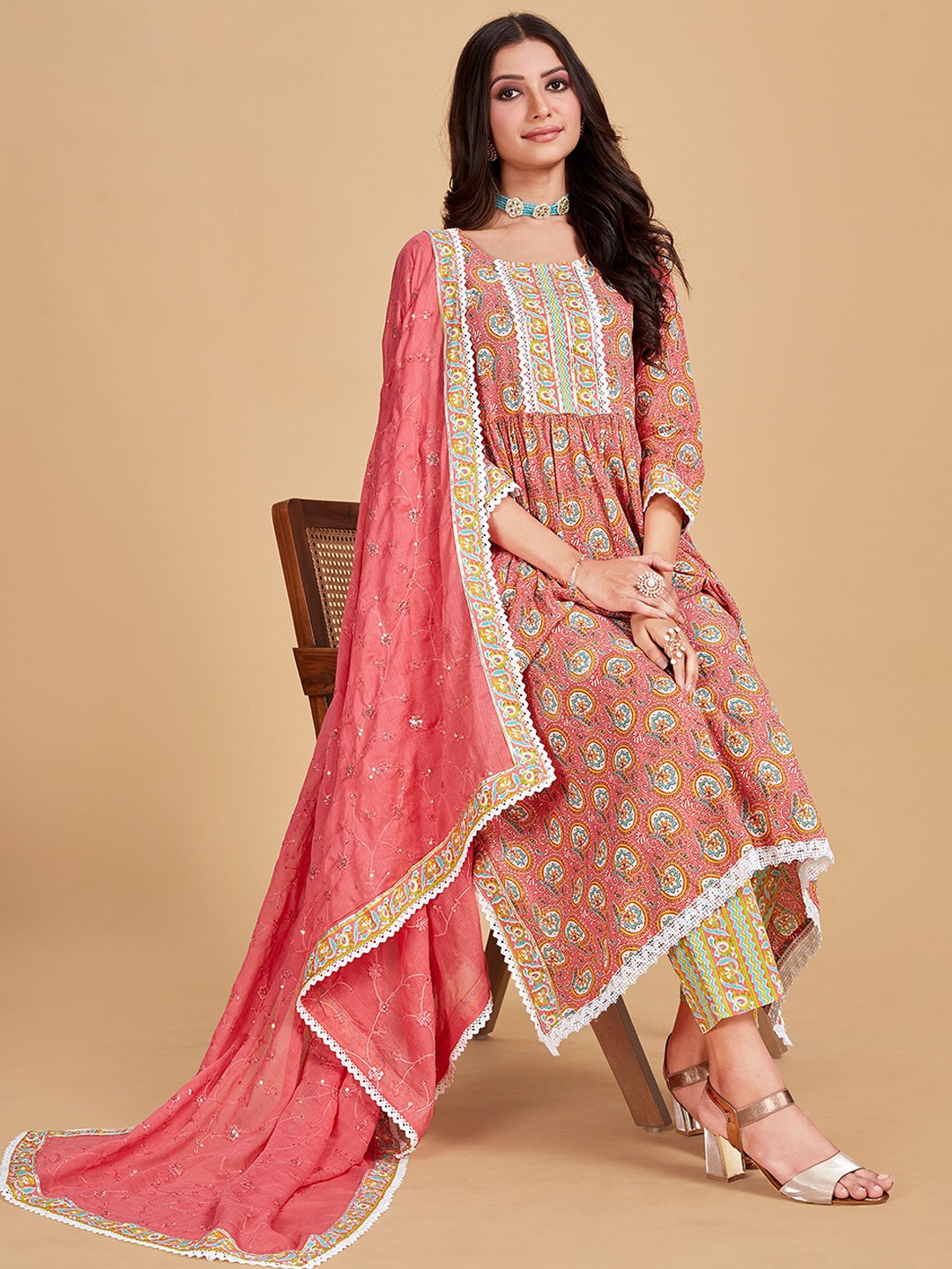 

Sangria Peach Ethnic Motif Printed Pure Cotton A-Line Kurta With Trouser & Dupatta