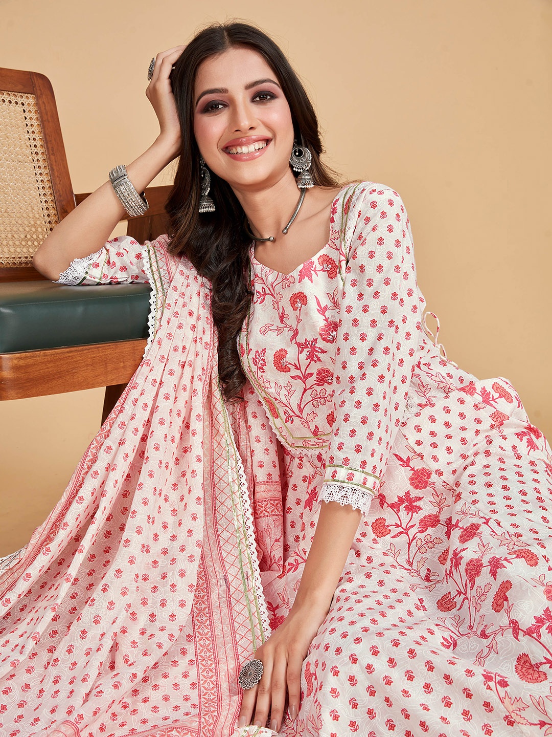 

Sangria White Floral Printed Pure-Cotton Anarkali Kurta With Trouser & Dupatta