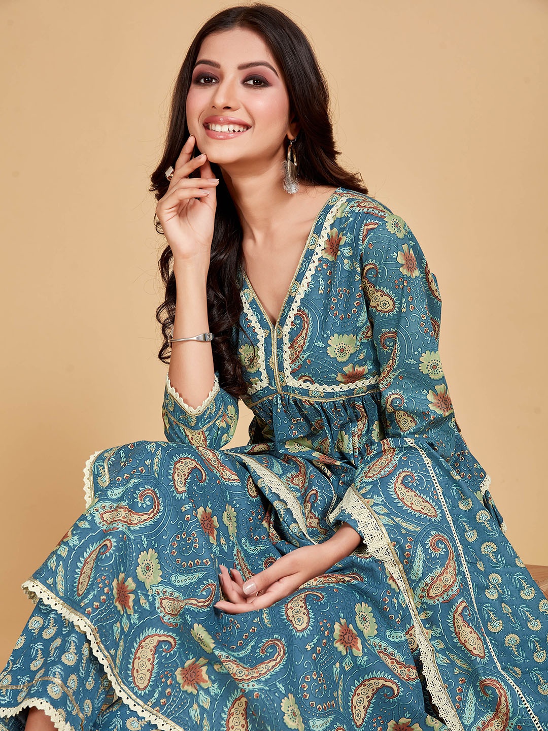 

Sangria Teal Floral Printed Pure Cotton Anarkali Kurta With Trouser & Dupatta