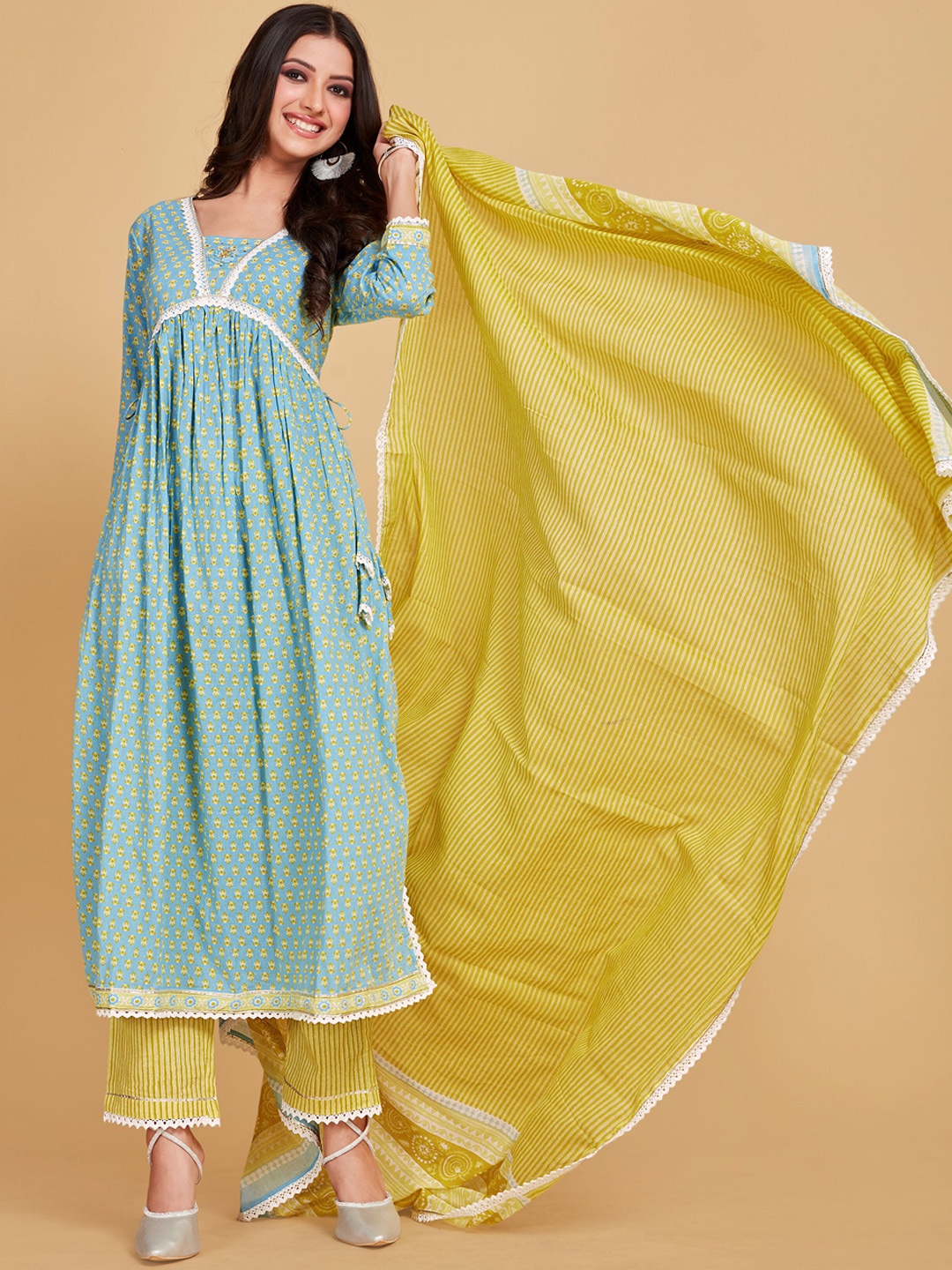 

Sangria Blue Ethnic Motifs Printed Pure Cotton Kurta With Trouser & Dupatta