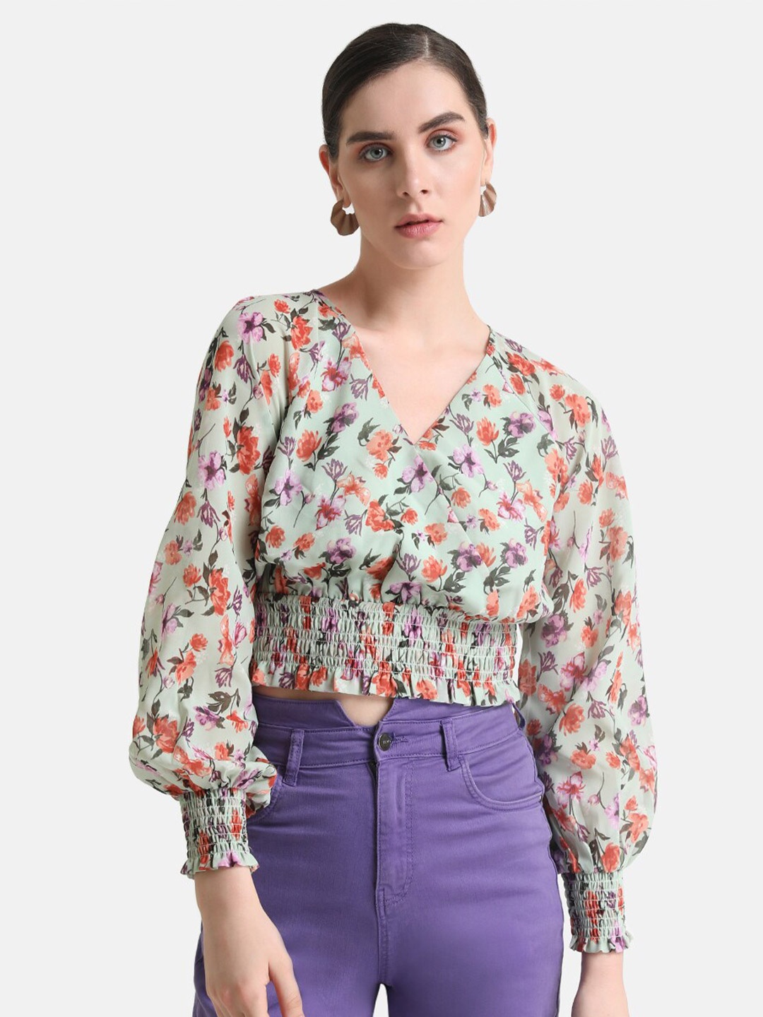 

Kazo Floral Printed Bishop Sleeves Smocked Georgette Blouson Top, Green