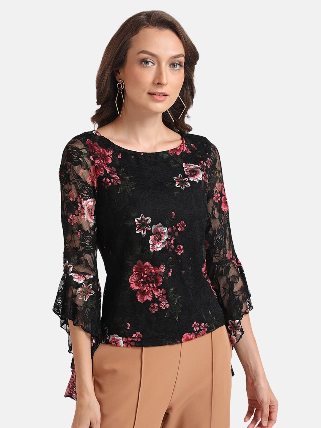 

Kazo Floral Self Design Bell Sleeve Top, Black