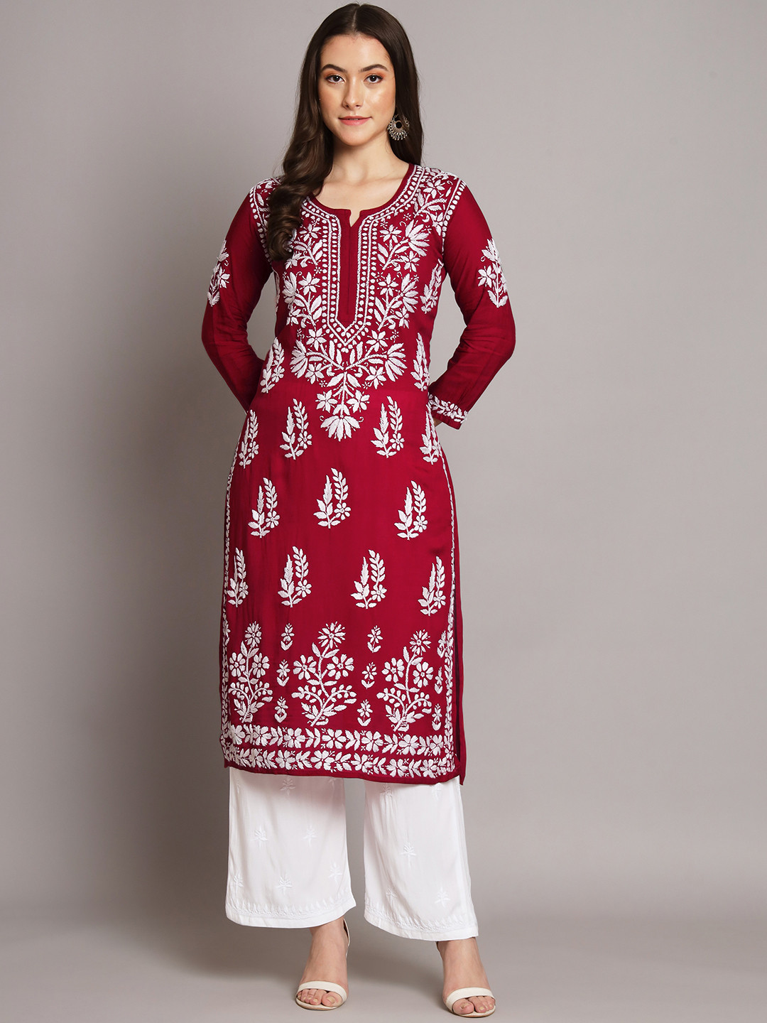 

PARAMOUNT CHIKAN Ethnic Motifs Modal Chikankari Embroidered Kurta, Maroon