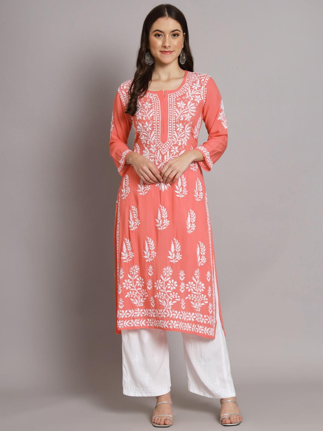 

PARAMOUNT CHIKAN Ethnic Motifs Embroidered Chikankari Kurta, Coral