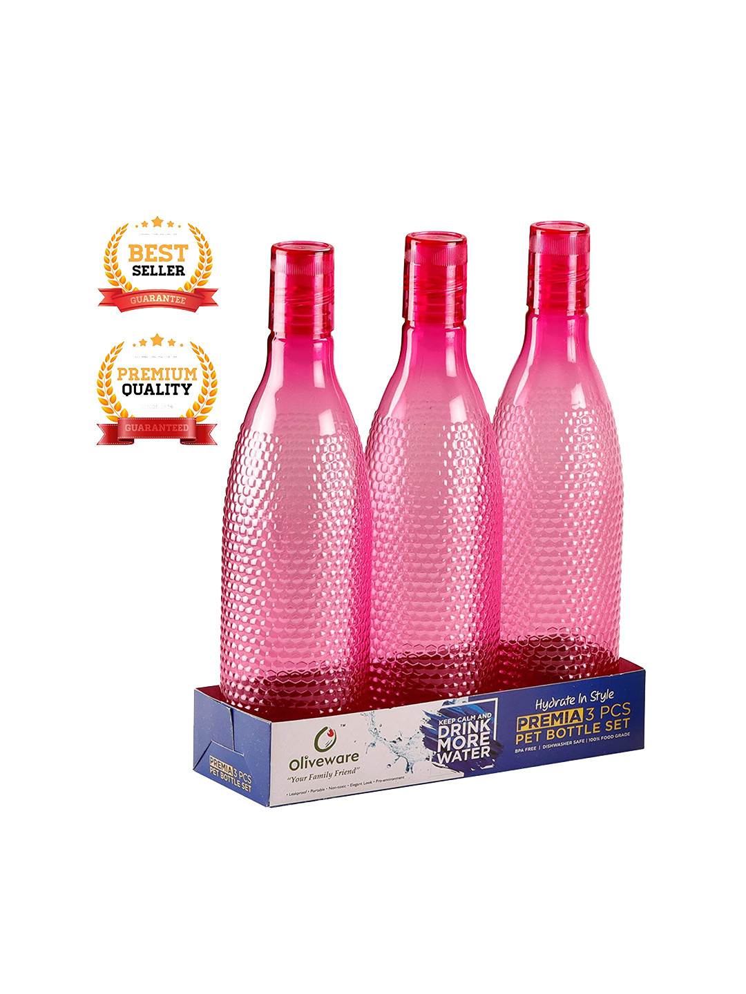 

SOPL-OLIVEWARE Pink 3-Pieces Textured Odour Less Water Bottles 1 L Each