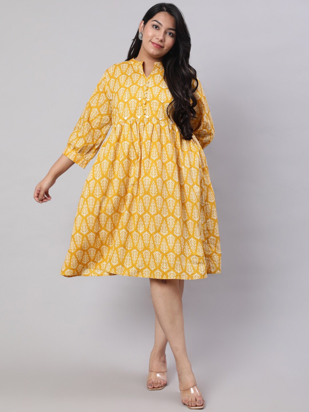 

Jaipur Kurti Yellow Ethnic Motifs Printed Puff Sleeve cotton Fit & Flare Dress