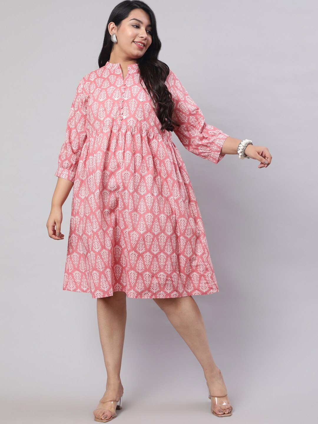 

Jaipur Kurti Pink Ethnic Motifs Printed Puff Sleeve cotton Fit & Flare Dress