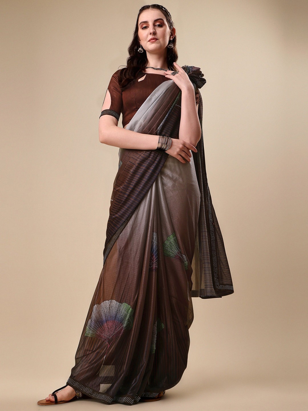 

Vaidehi Fashion Floral Printed Beads and Stones Saree, Brown