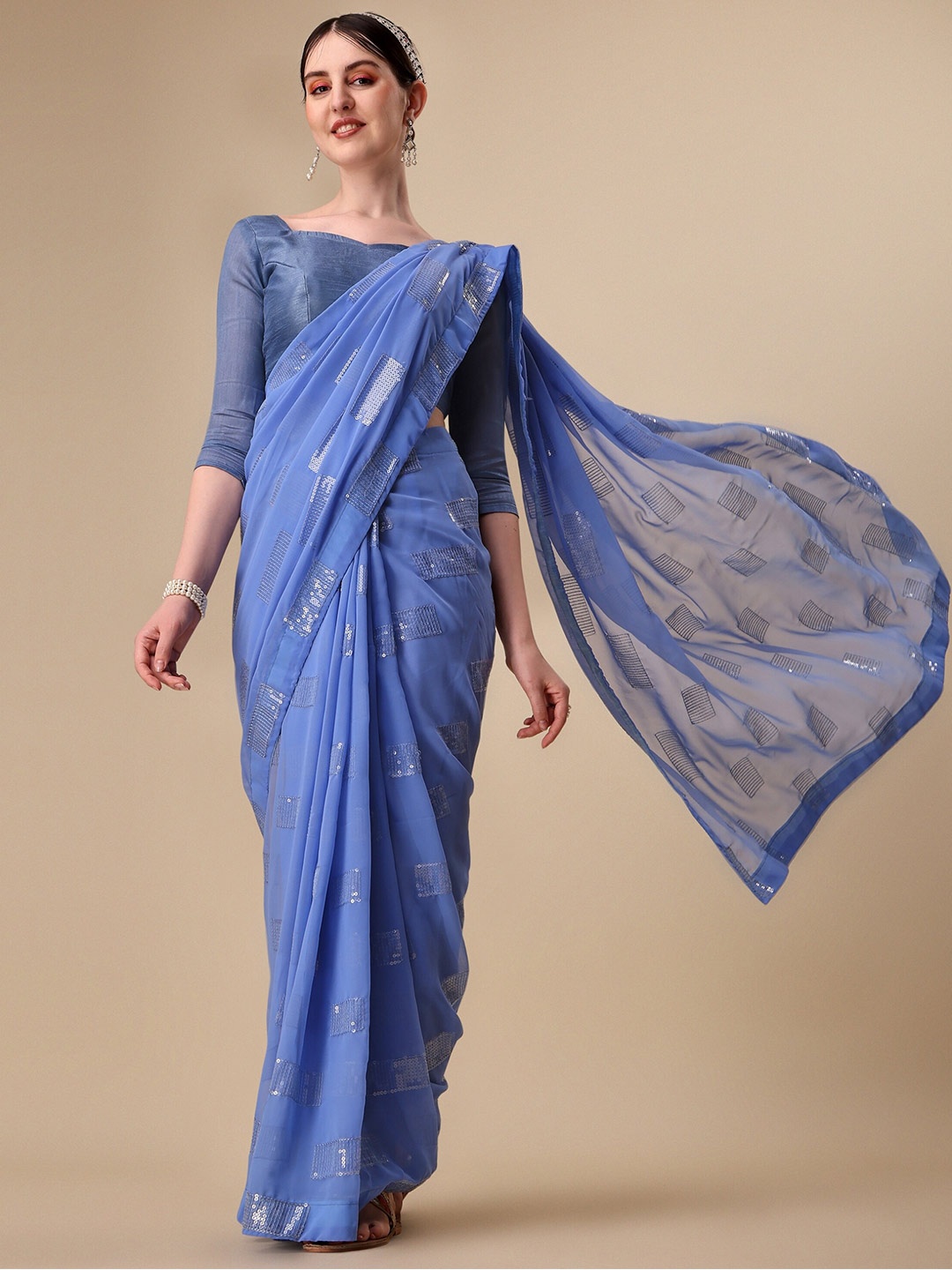 

Vaidehi Fashion Embellished Sequinned Pure Georgette Saree, Turquoise blue