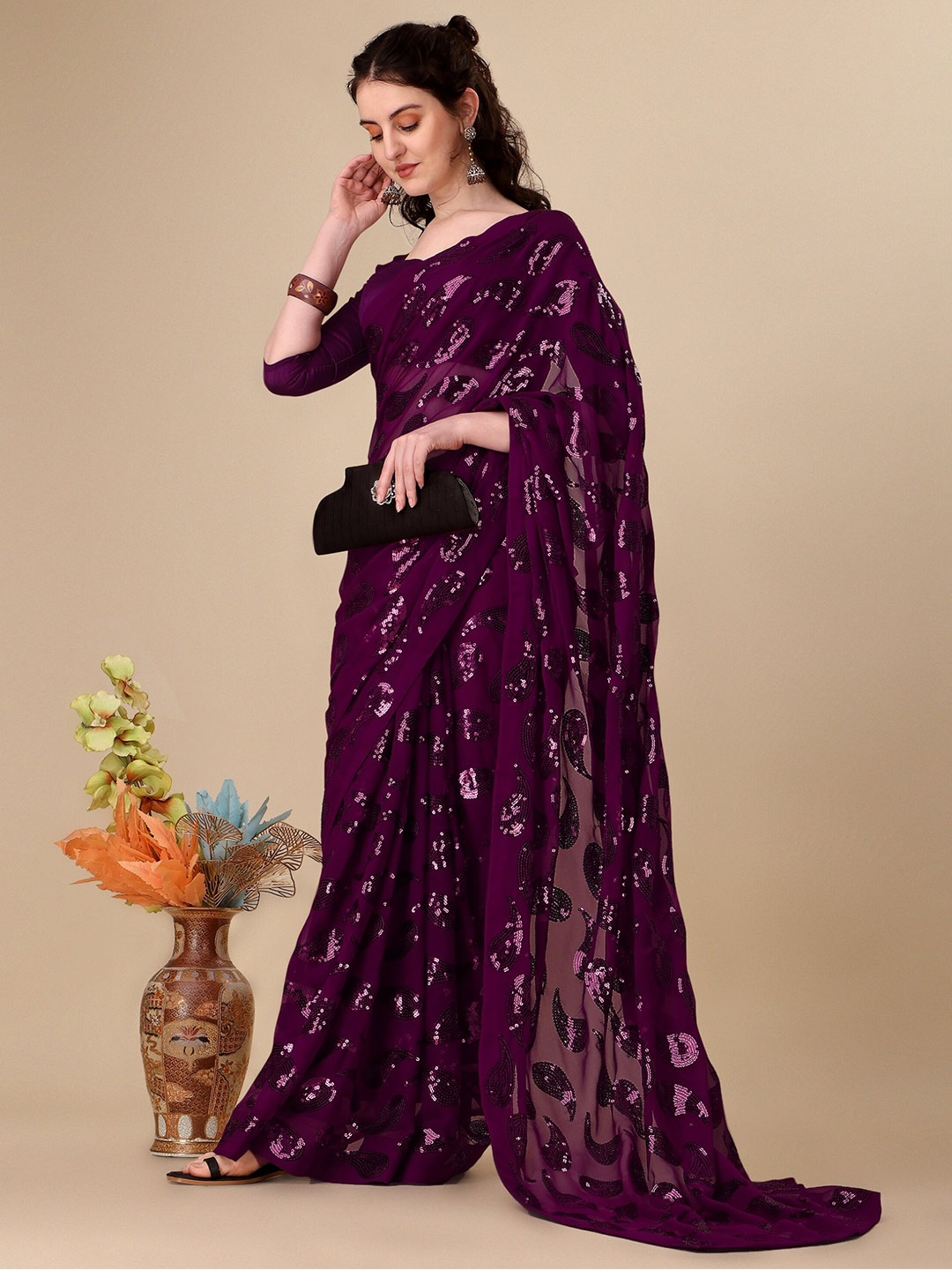 

Vaidehi Fashion Embellished Sequinned Pure Georgette Saree, Purple
