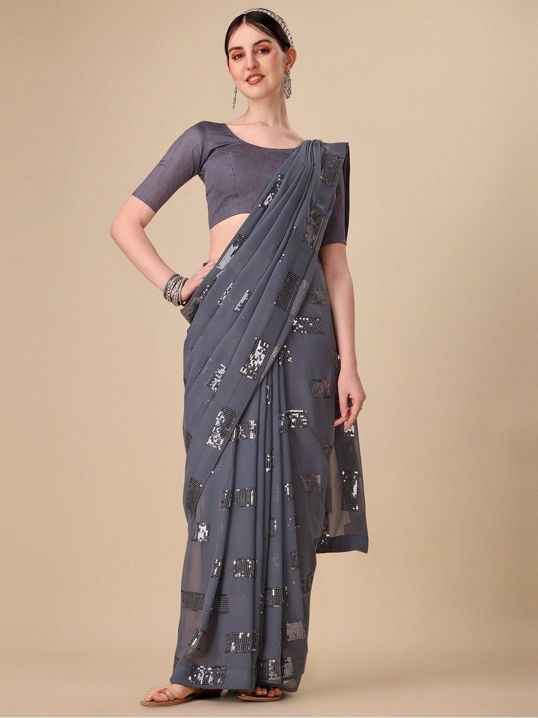 

Vaidehi Fashion Embellished Sequinned Pure Georgette Saree, Grey