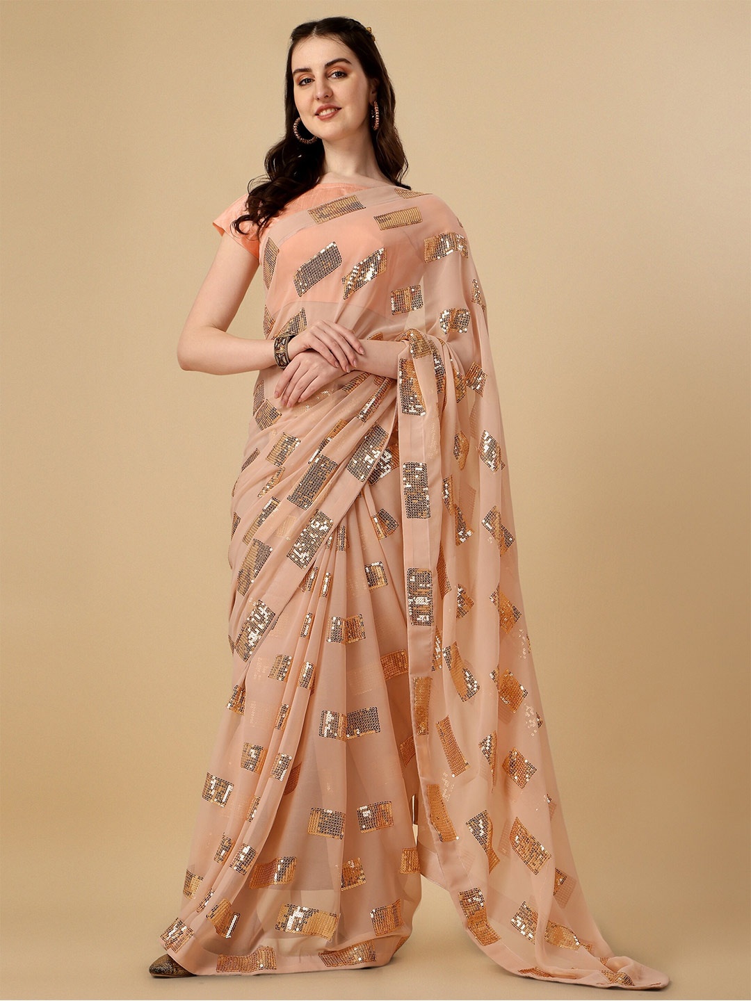 

Vaidehi Fashion Embellished Sequinned Pure Georgette Saree, Peach