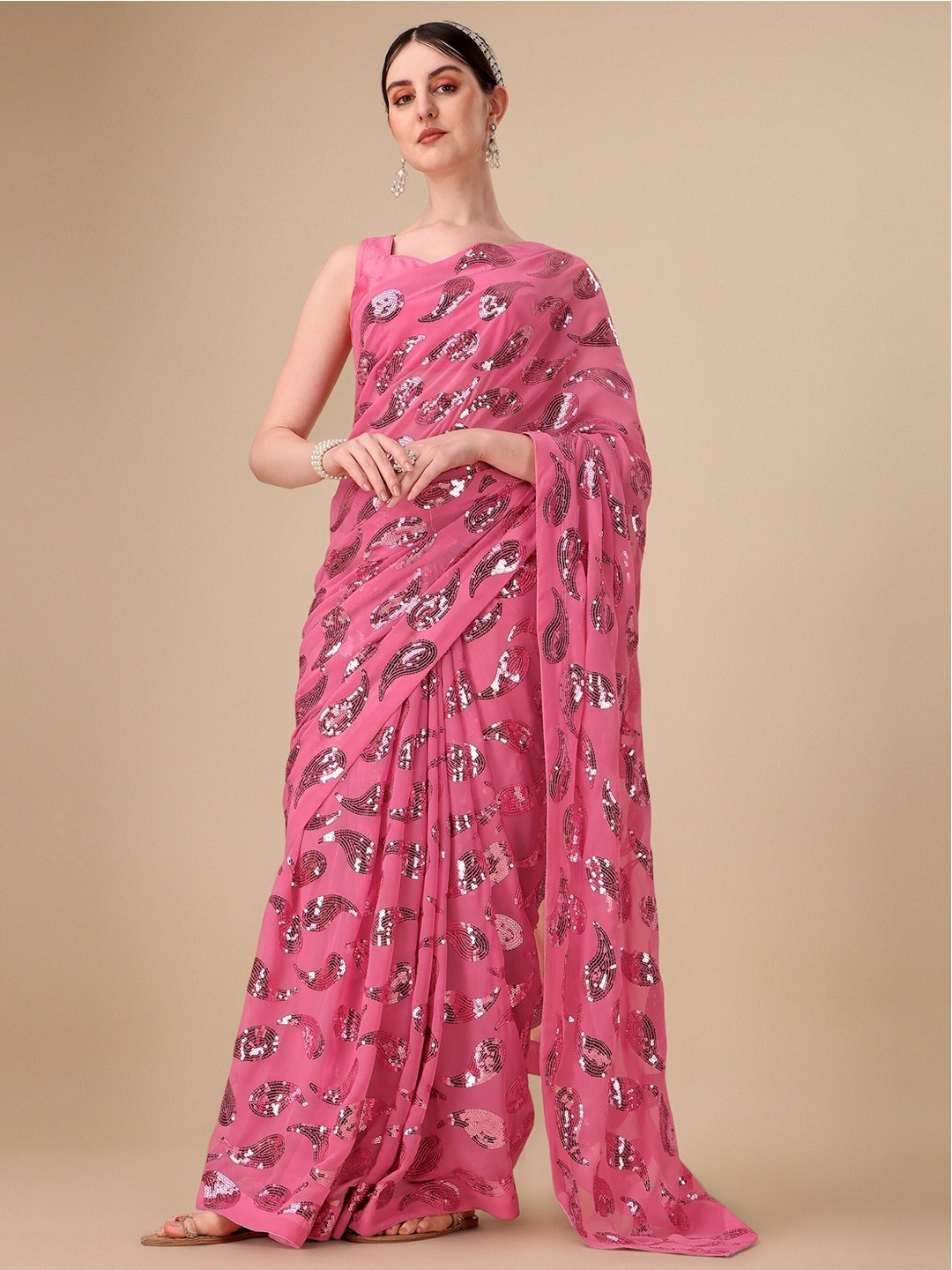 

Vaidehi Fashion Embellished Sequinned Pure Georgette Saree, Pink