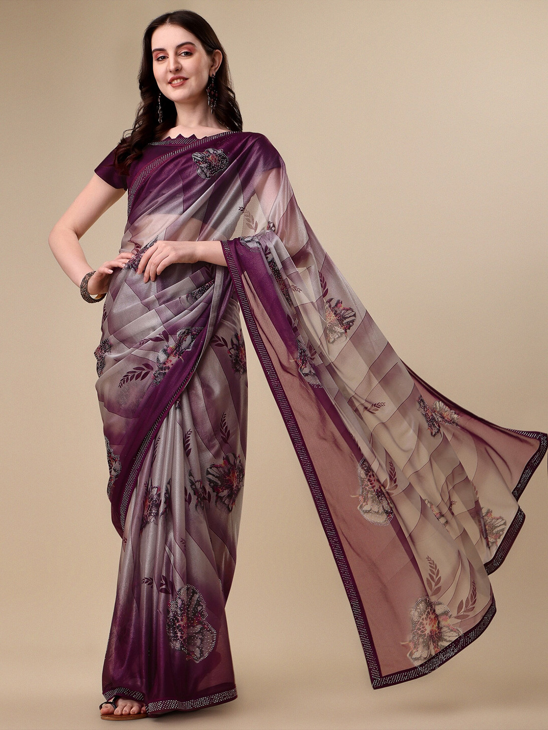 

Vaidehi Fashion Floral Printed Beads and Stones Saree, Purple
