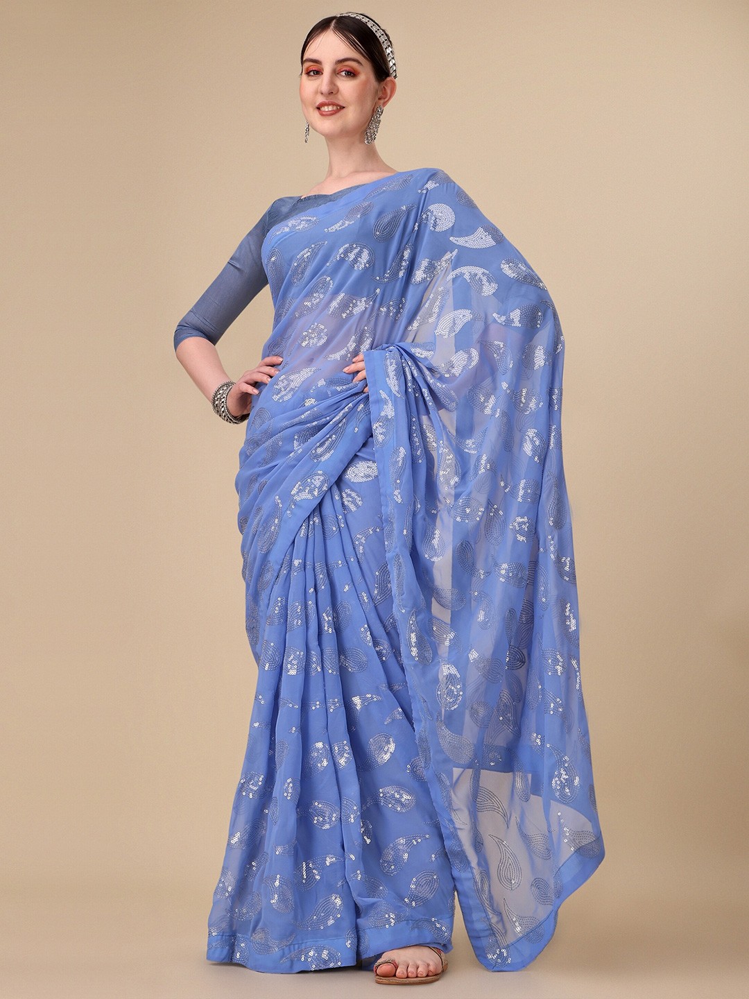 

Vaidehi Fashion Embellished Sequinned Pure Georgette Saree, Turquoise blue