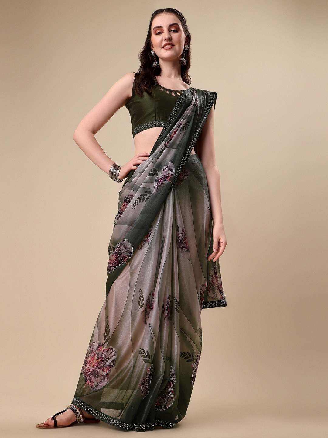 

Vaidehi Fashion Floral Printed Beads and Stones Saree, Olive