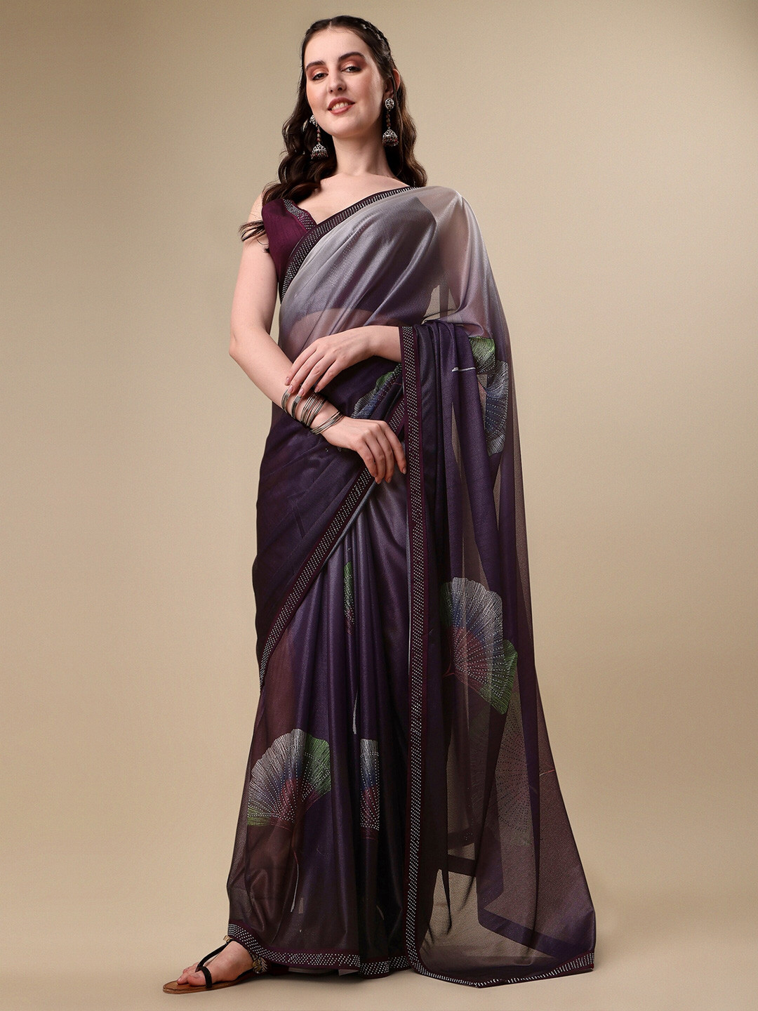 

Vaidehi Fashion Floral Printed Beads and Stones Saree, Purple
