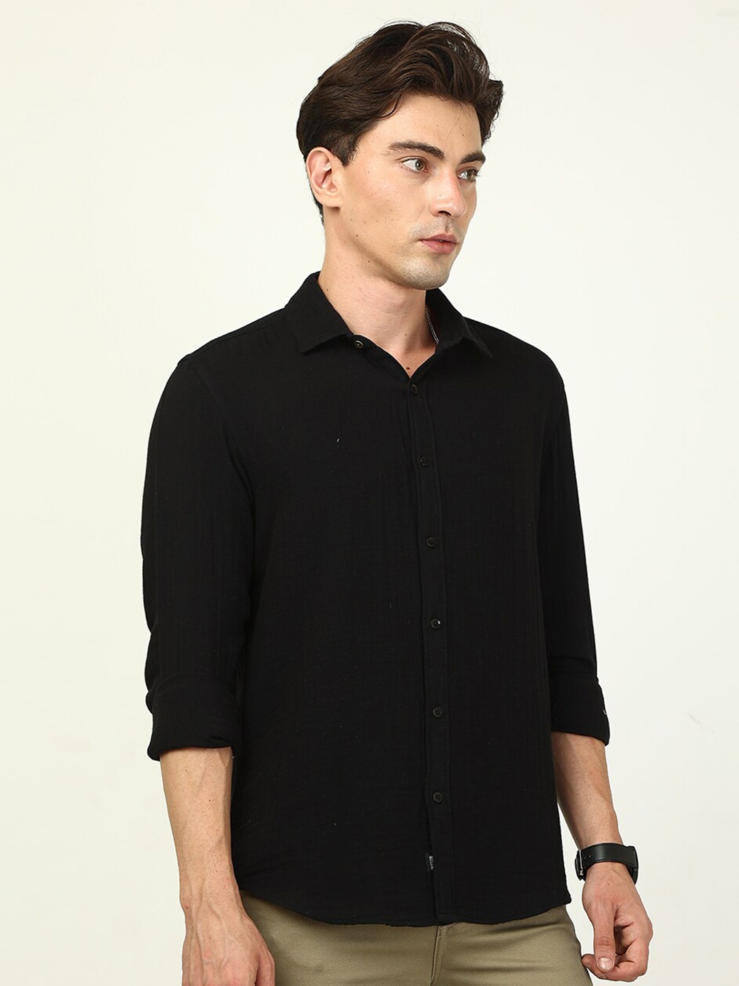 

FOGA Spread Collar New Pure Cotton Casual Shirt, Black
