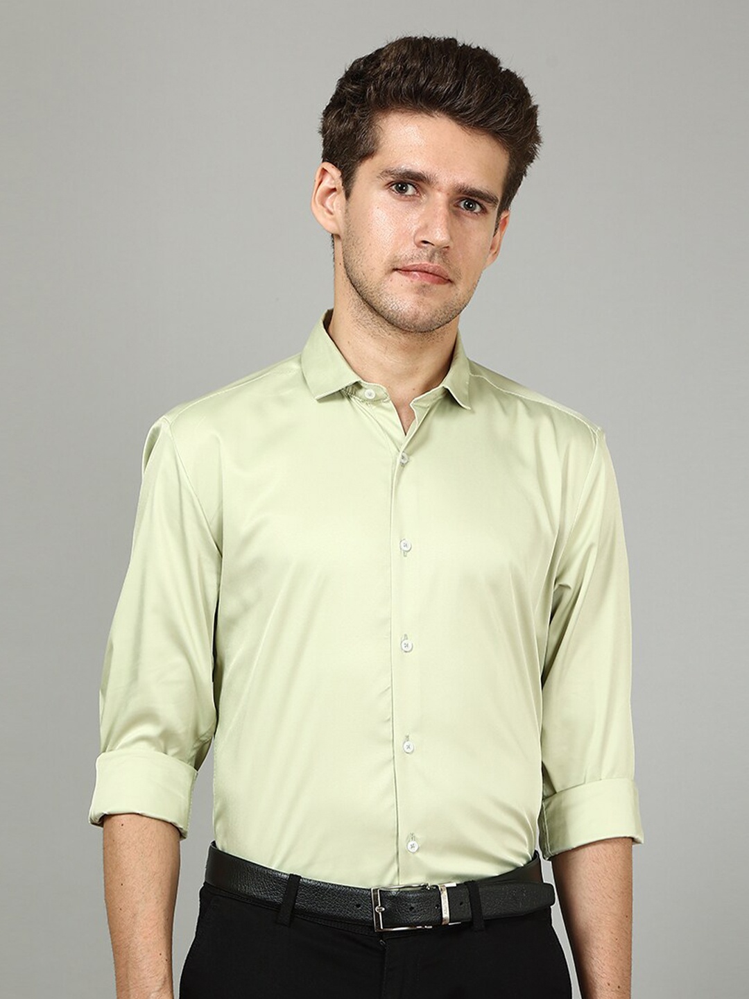 

FOGA Spread Collar New Satin Party Shirt, Green